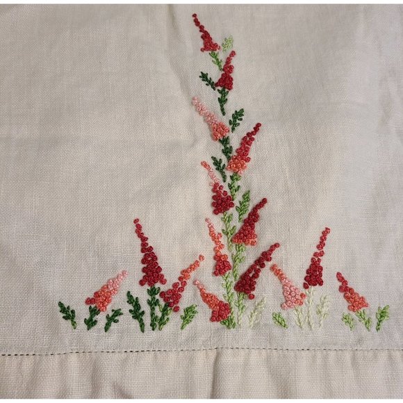 Finished Needlework Red Pink Lupines Embroidered Linen Tea Towel - Picture 2 of 10